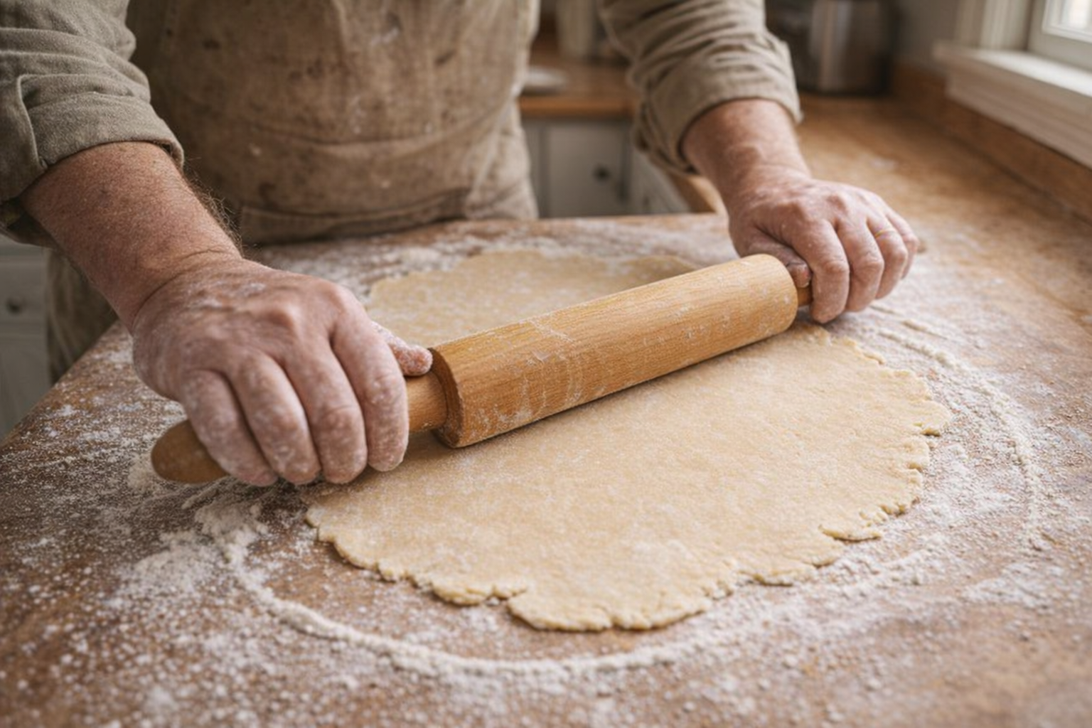 A high-angle shot of a pie crust being rolled out on a floured surface with a wooden rolling pin, natural light